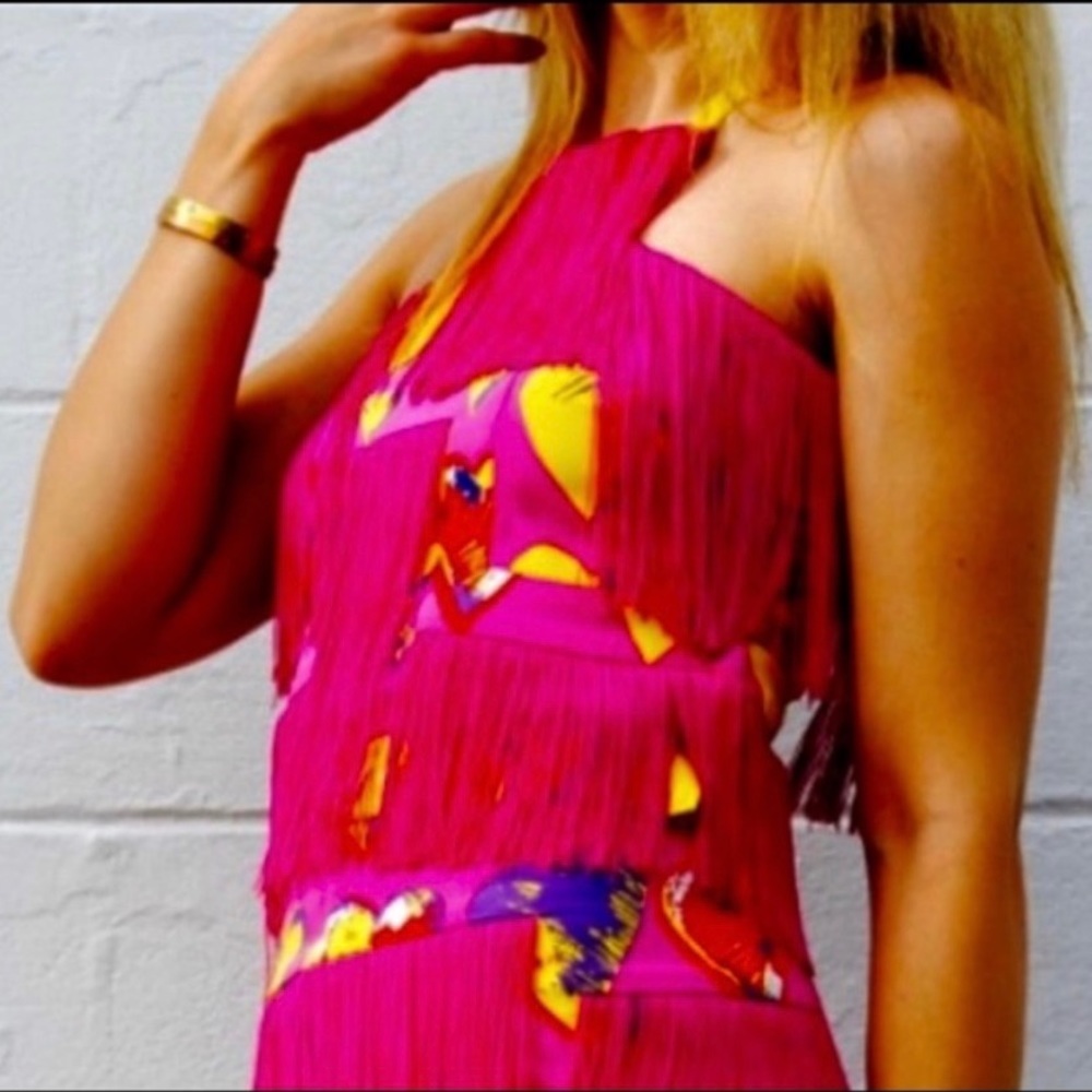 Versace for H&M Silk Crop Top Fringed in Pink Yellow and Purple Size 6 Lined